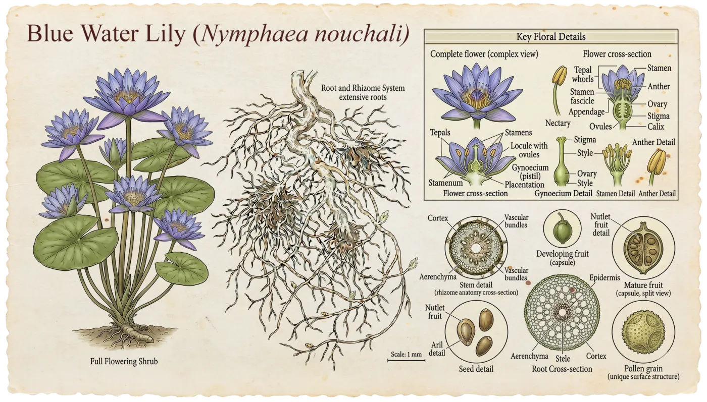Botanical plate of Blue Water Lily (Nymphaea nouchali var. caerulea)