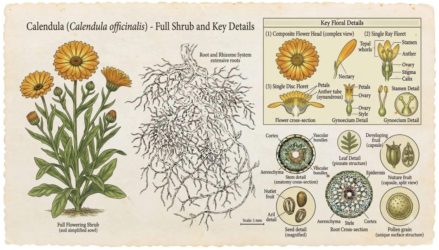 Botanical plate of Calendula (Calendula officinalis)