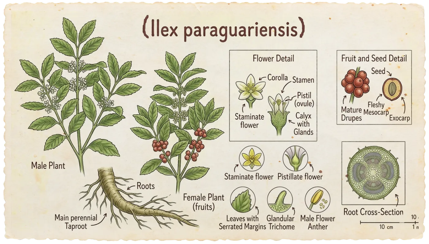 Botanical plate of Maté (Ilex paraguariensis)