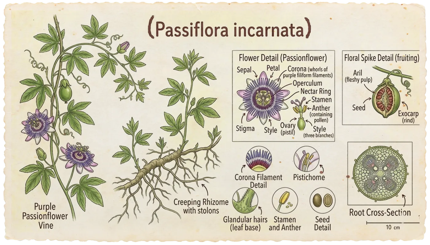 Botanical plate of Passionflower (Passiflora incarnata)
