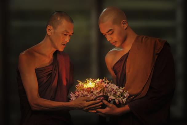 monk looking at psychedelic herbs